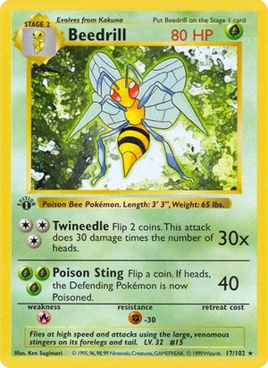 Moderately Played Beedrill (17) Rare 1st Edition (Cabinet-MP)