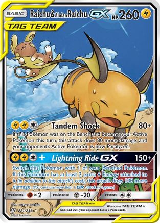 Raichu & Alolan Raichu GX (Alternate Full Art) (221)/236 Ultra Rare Holofoil