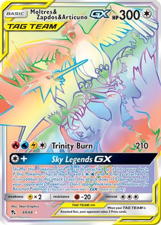 Moltres & Zapdos & Articuno GX (Secret) (69)/68 Secret Rare Holofoil (Cabinet-NM)