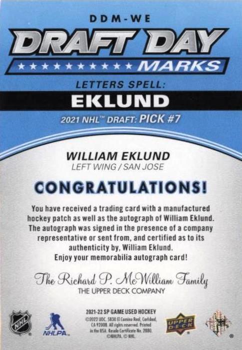 2021-22 William Eklund DDM-WE 24/35 letter "D" SP game used RC (cabinet)