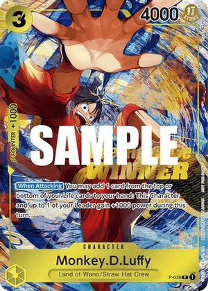 Lightly Played Monkey.D.Luffy (Pre-Release Tournament) (Winner) (P-036) (scratch on surface)  One Piece Promotion Cards Foil (Cabinet-LP)