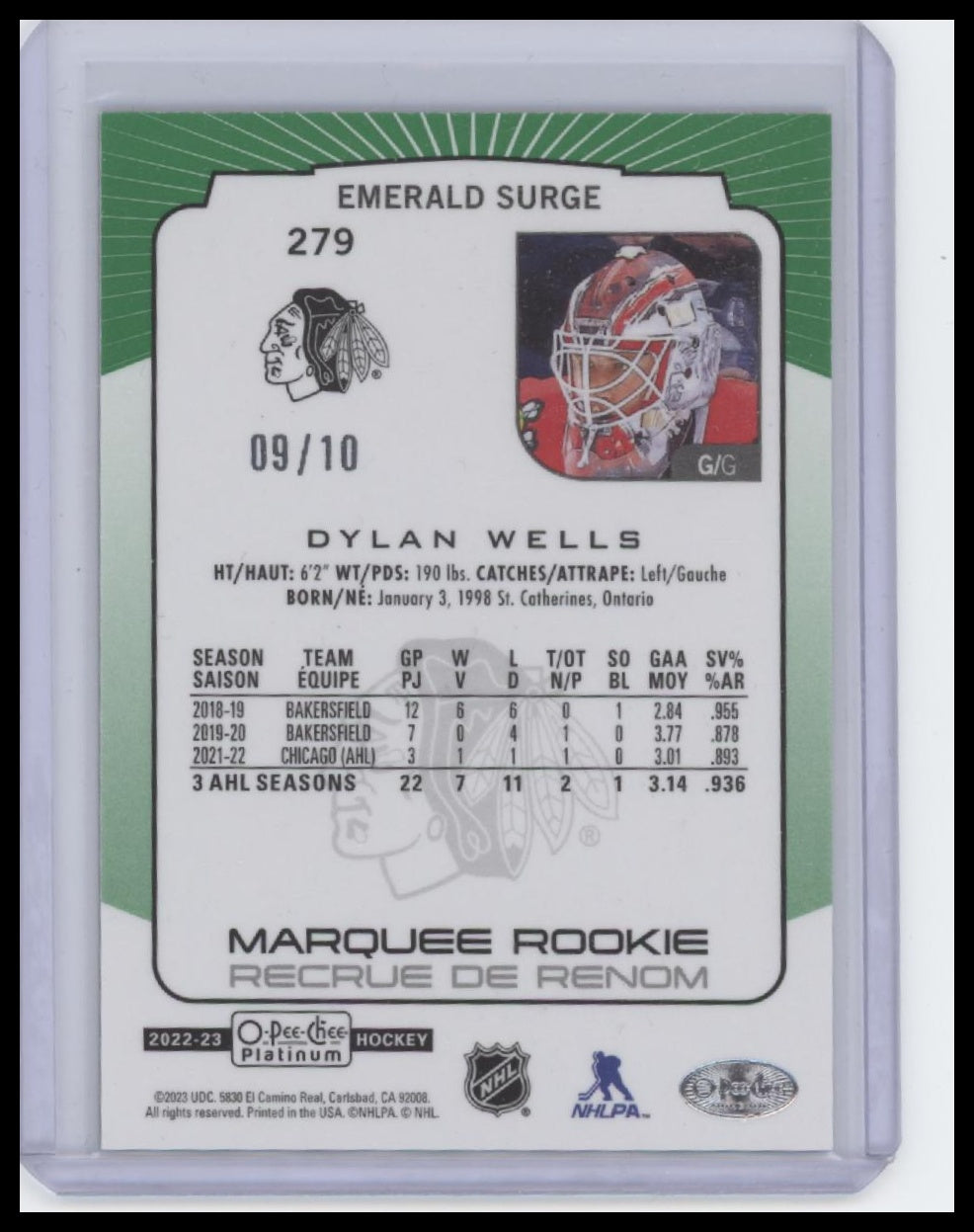 2022-23 O-Pee-Chee Platinum #279 Dylan Wells Emerald Surge #/10