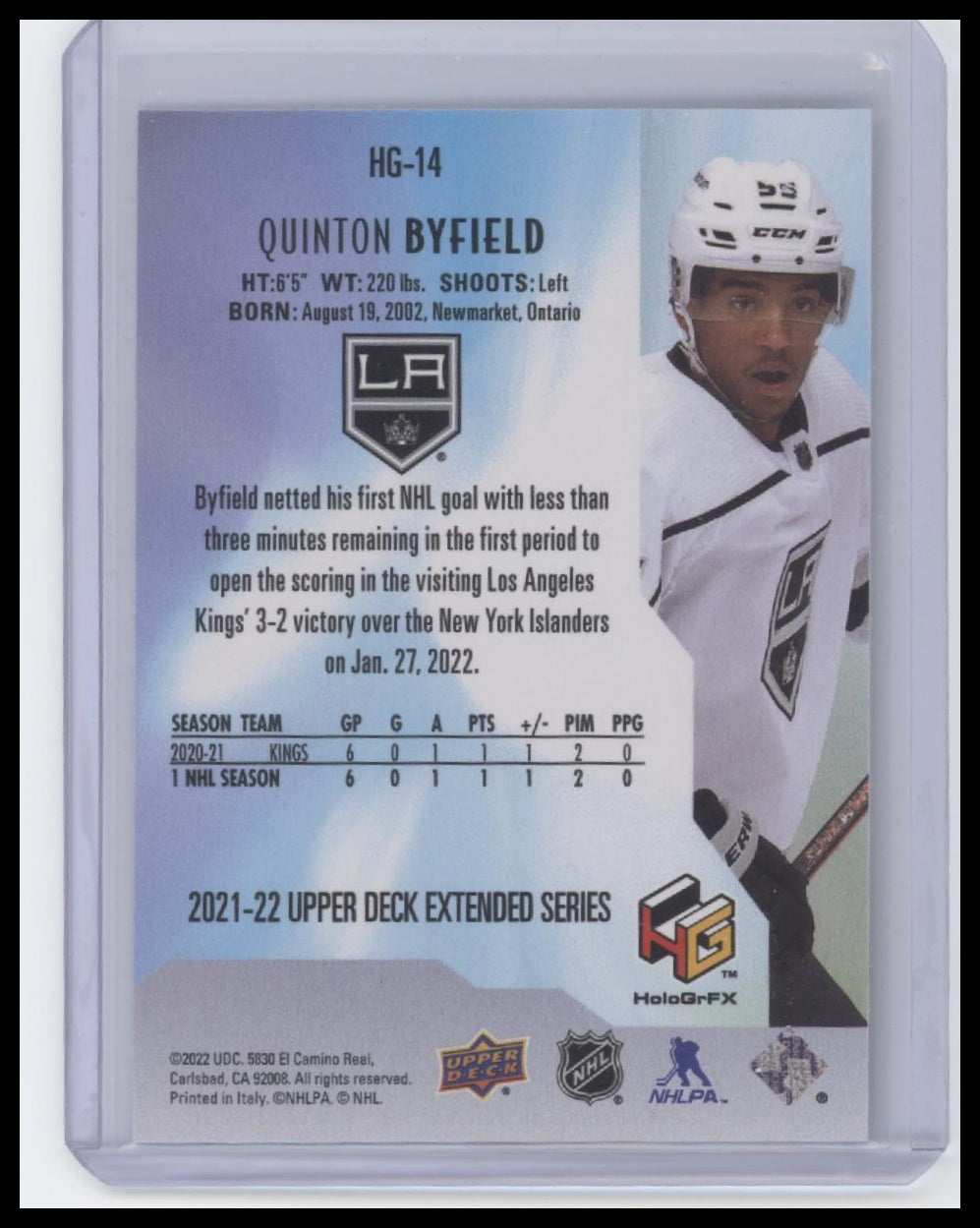 2021-22 Upper Deck #HG-14 Quinton Byfield HoloGrFx Rookies