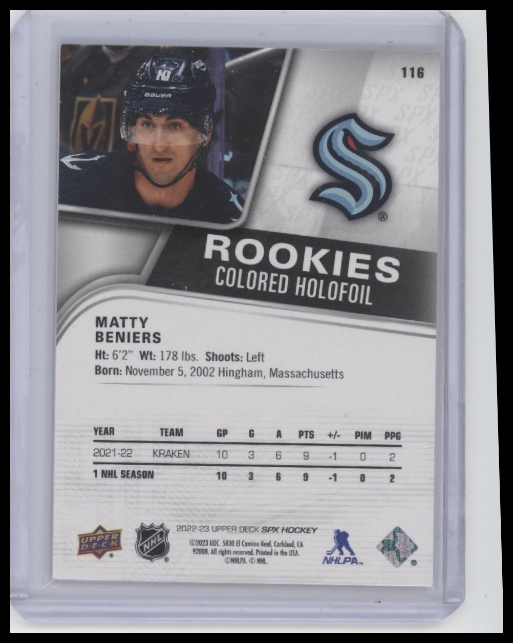 2022-23 SPx #116 Matty Beniers Colored HoloFoil #/149