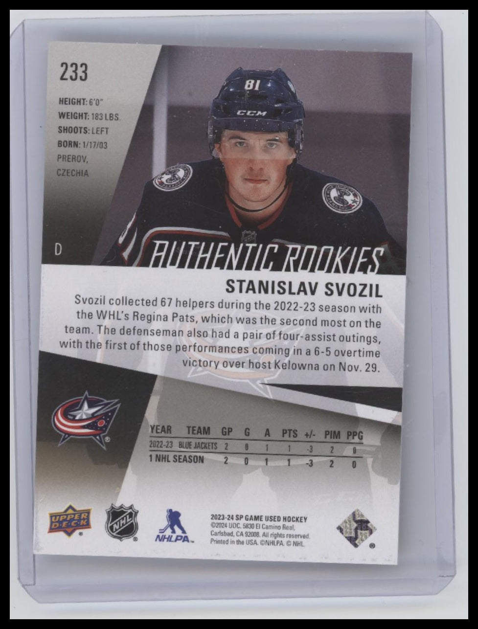 2023-24 SP Game Used #233 Stanislav Svozil Gold #/121
