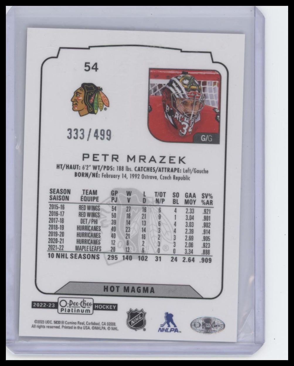 2022-23 O-Pee-Chee Platinum #54 Petr Mrazek Hot Magma #/499