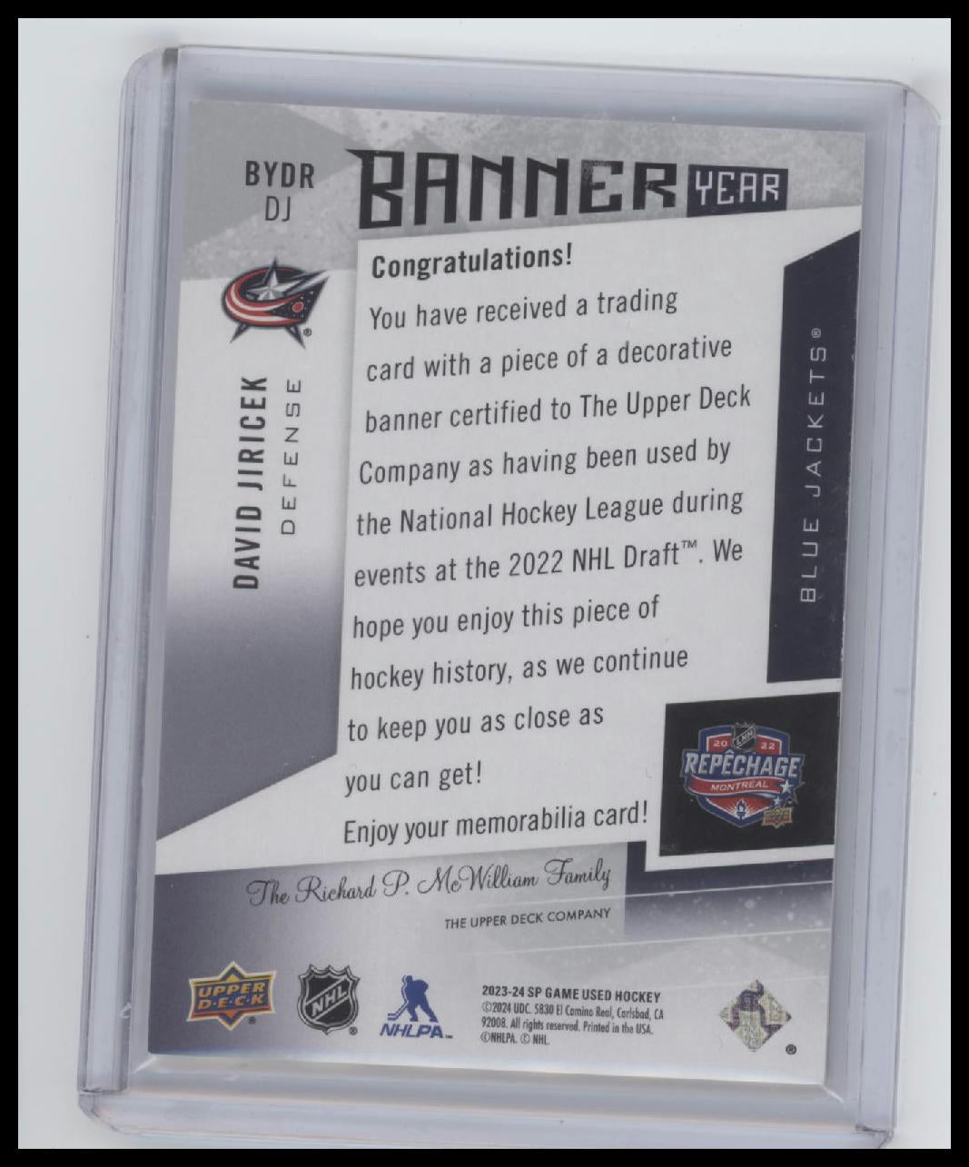2023-24 SP Game Used #BYDR-DJ David Jiricek Banner Year NHL Draft