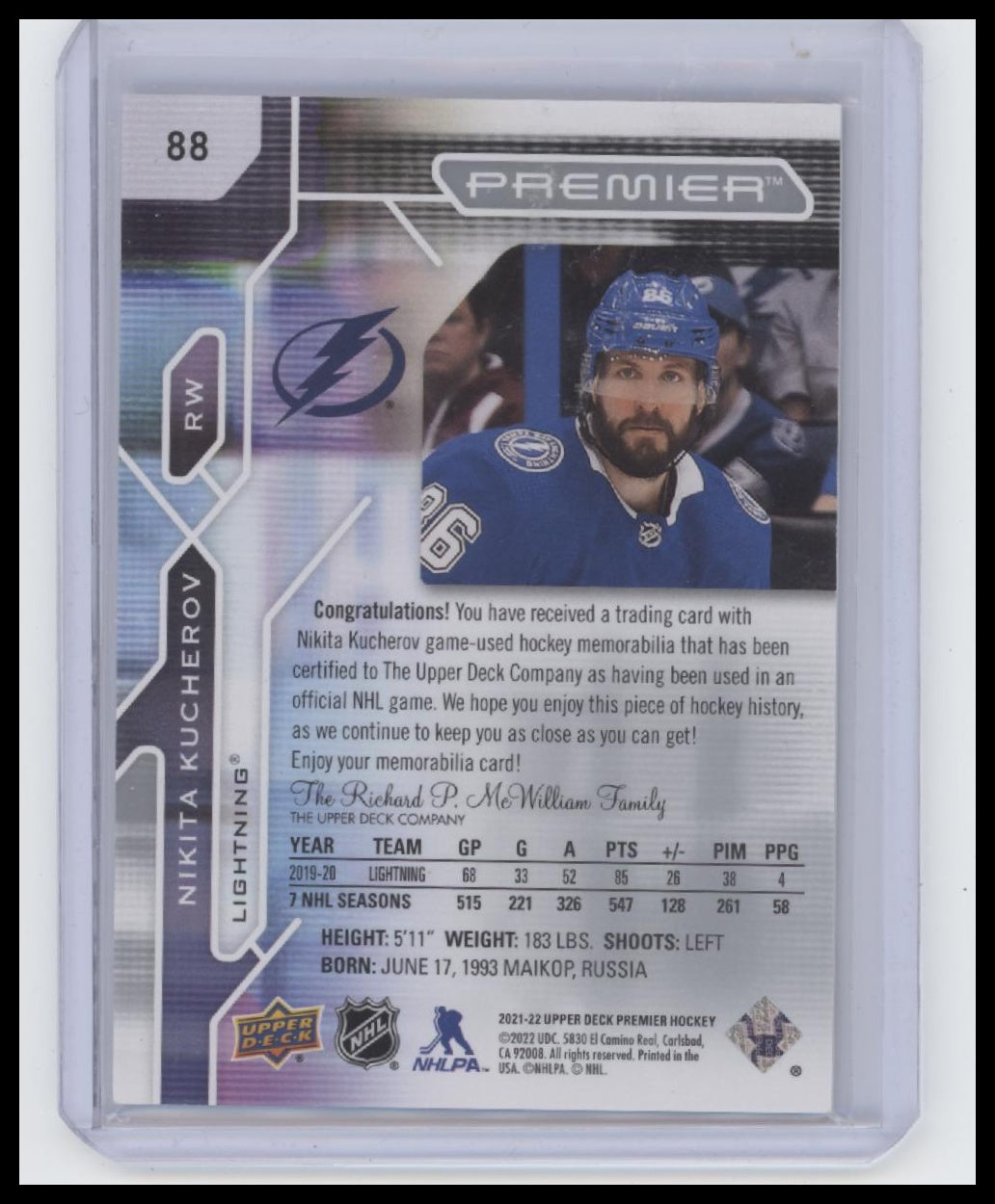 2021-22 Upper Deck Premier #88 Nikita Kucherov Jersey