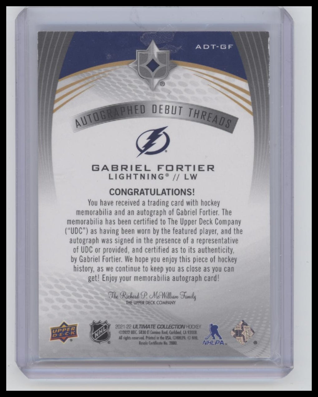 21-22 UD Ultimate Collection #ADT-GF Gabriel Fortier Debut Threads #/99