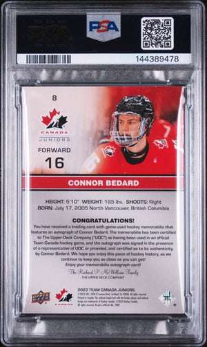 PSA 7 Connor Bedard #8 Team Canada Juniors Autograph Patch (Cabinet)