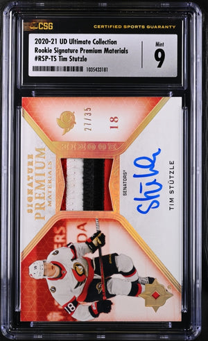 CGC 9 Auto 10 Tim Stutzle 27/35 Rookie #RSP-TS Signature Premium Materials(Cabinet)