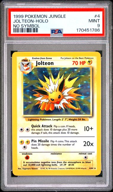 PSA 9 Jolteon No Symbol Jungle Holo Error #4 (Cabinet)