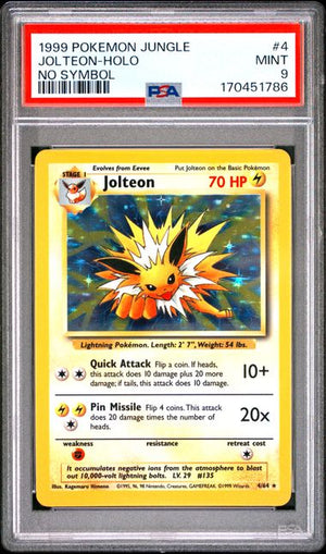 PSA 9 Jolteon No Symbol Jungle Holo Error #4 (Cabinet)