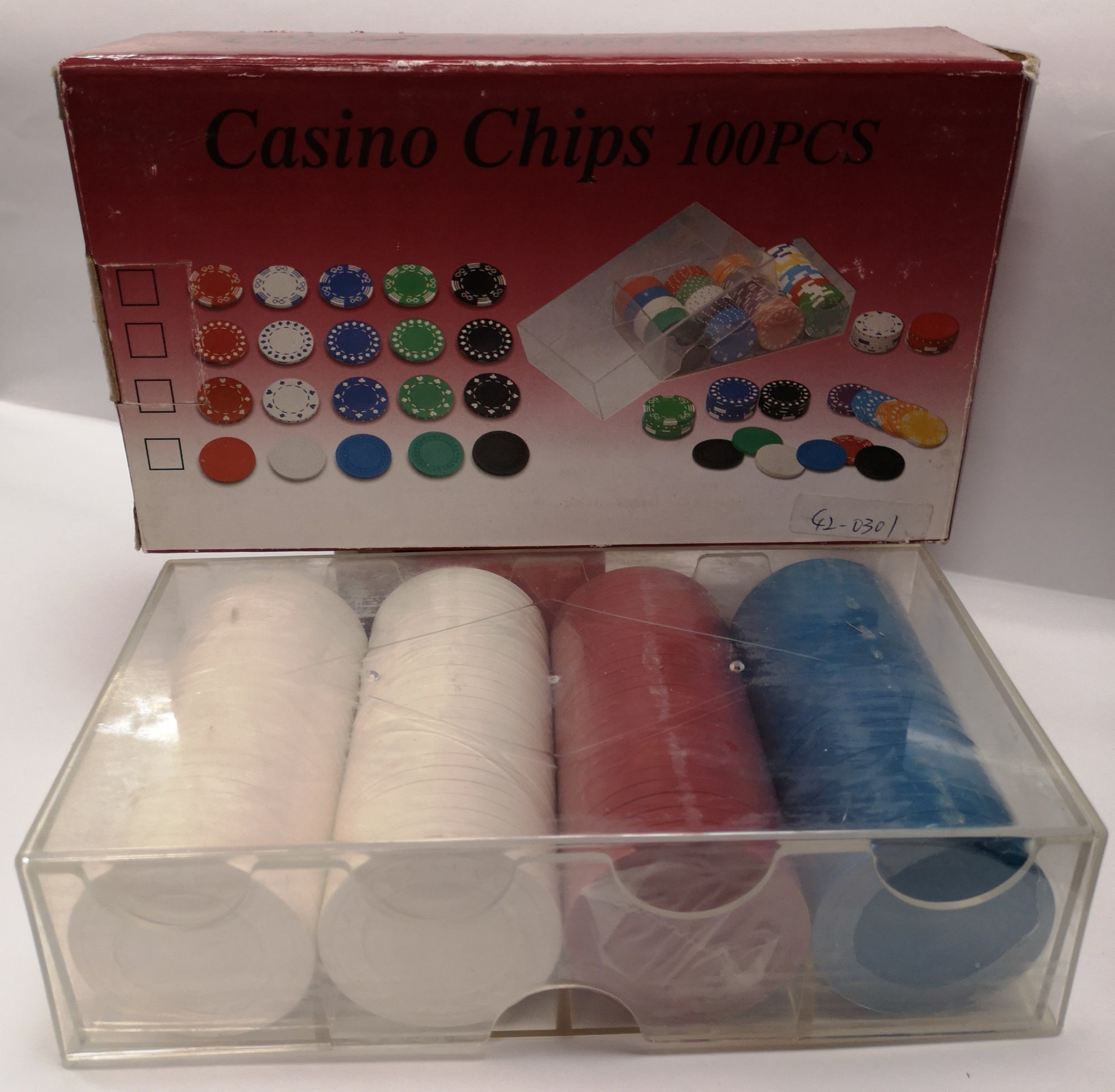 Poker Chips, Clay Lucite Box