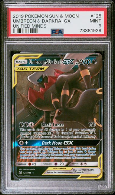 PSA 9 Umbreon & Darkrai GX #125 Sun & Moon Unified Minds (Cabinet)