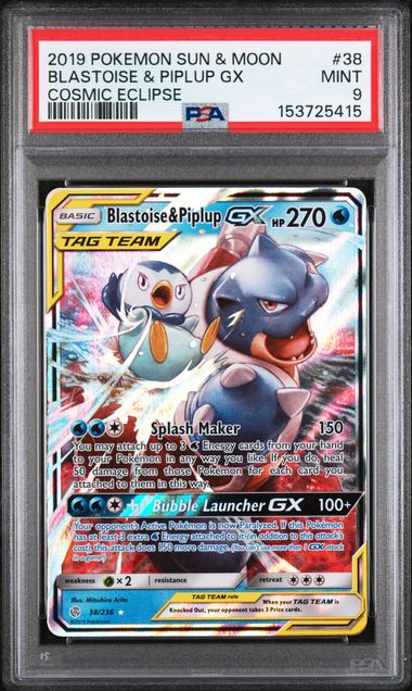 PSA 9 Blastoise & Piplup Gx Tag team Cosmic Eclipse #38 (Cabinet)