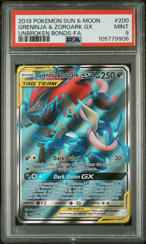 PSA 9 Greninja & Zoroark GX Unbroken Bonds #200 Tag Team (Cabinet)