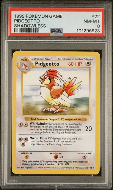 PSA 8 Pidgeotto #22 shadowless base set (Cabinet)