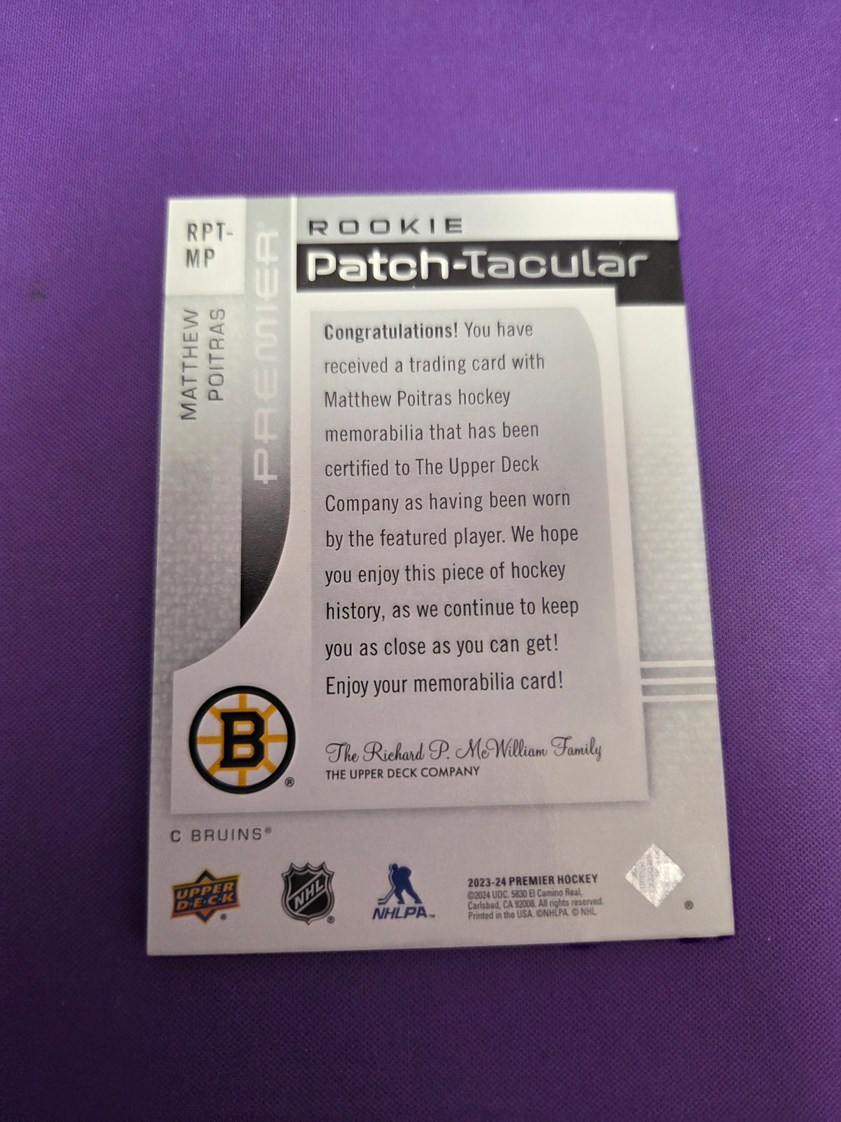 Premier Matthew Poitras ROOKIE Patch-Tacular /25 Premium Patch #RPT-MP (Cabinet-NM)