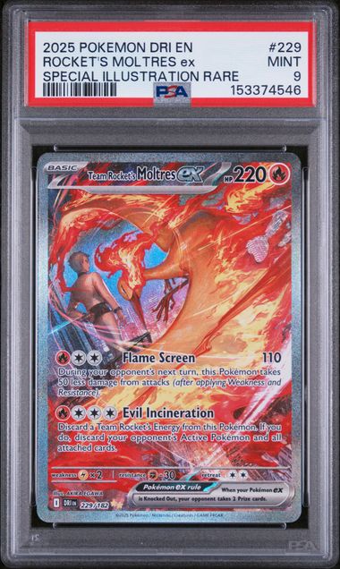 PSA 9 Team Rocket's Moltres #229 Destined Rivals SIR (Cabinet)