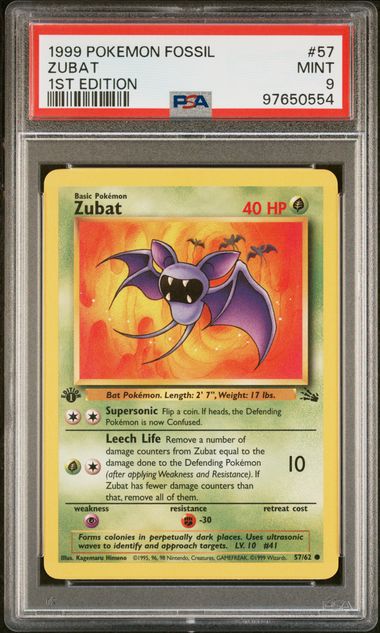 PSA 9 Zubat #57 1st Edition Fossil (Cabinet)
