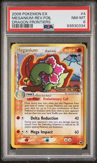 PSA 8 Meganium #4 Dragon Frontiers Reverse Holo (Cabinet-NM)