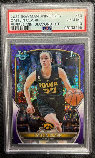 Psa 10 Gem MT 2022 Bowman University Caitlin Clark Purple mini diamond REF #50