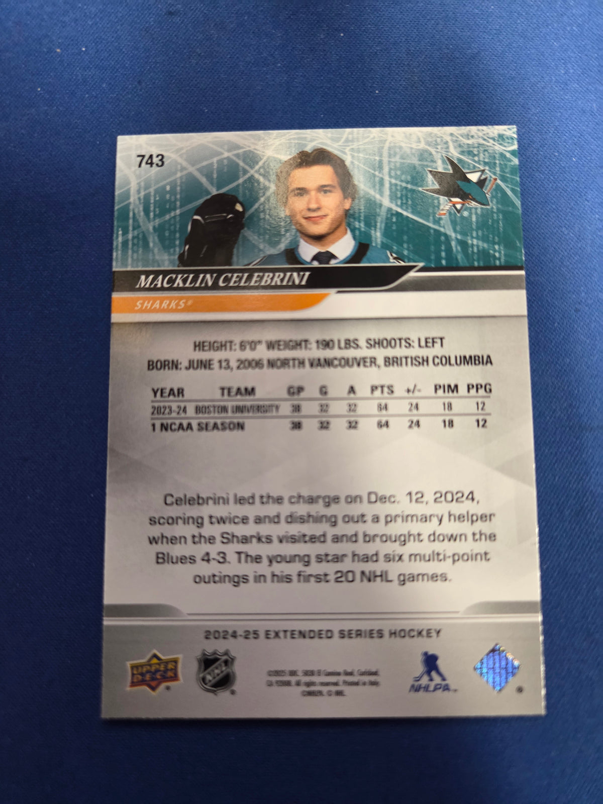 Macklin Celebrini #743 [Rookie] 2024 Upper Deck (Cabinet-NM)