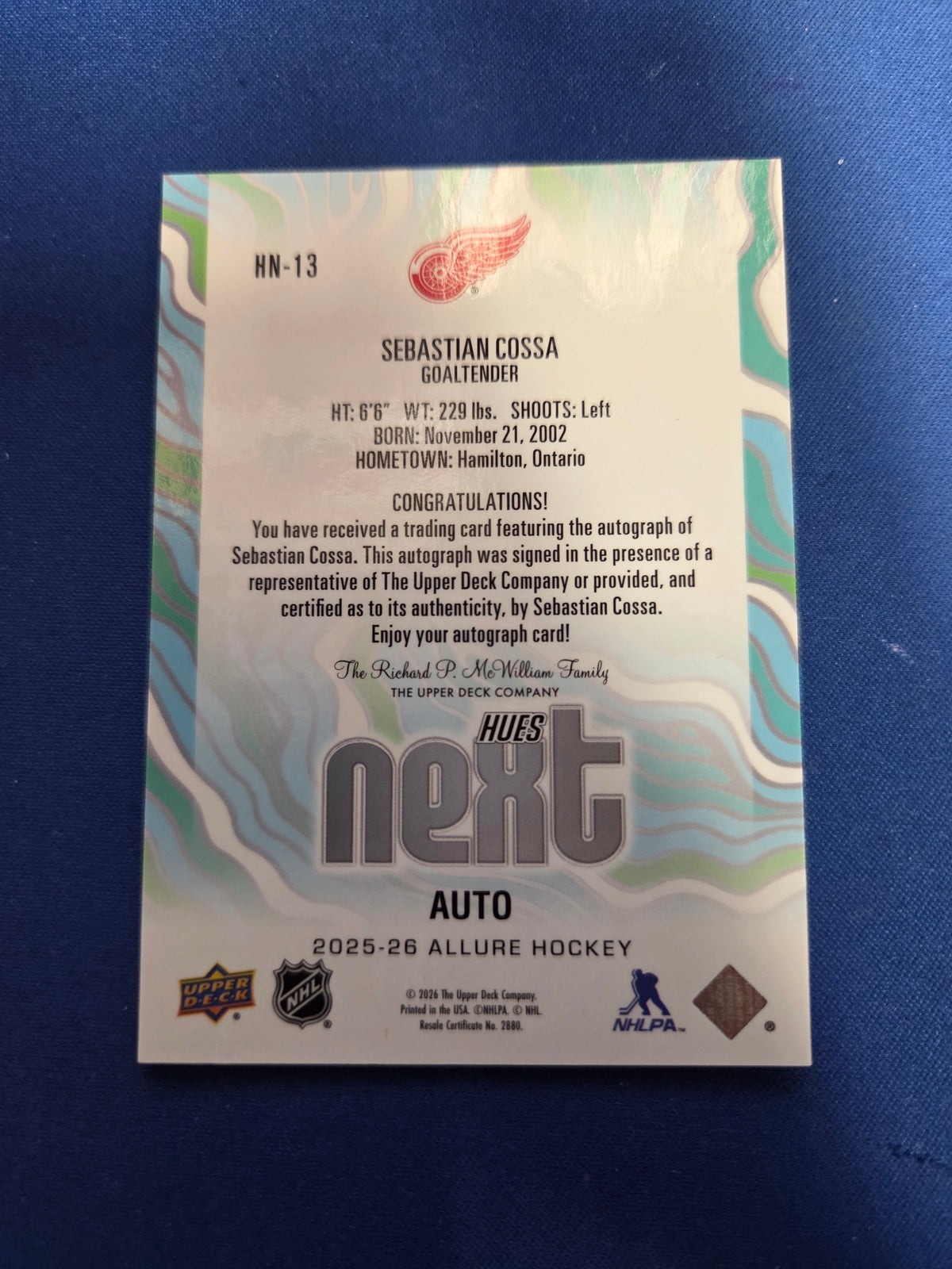 Sebastian Cossa #HN-13 Auto 2025 Upper Deck Allure Hues Next (cabinet-NM)