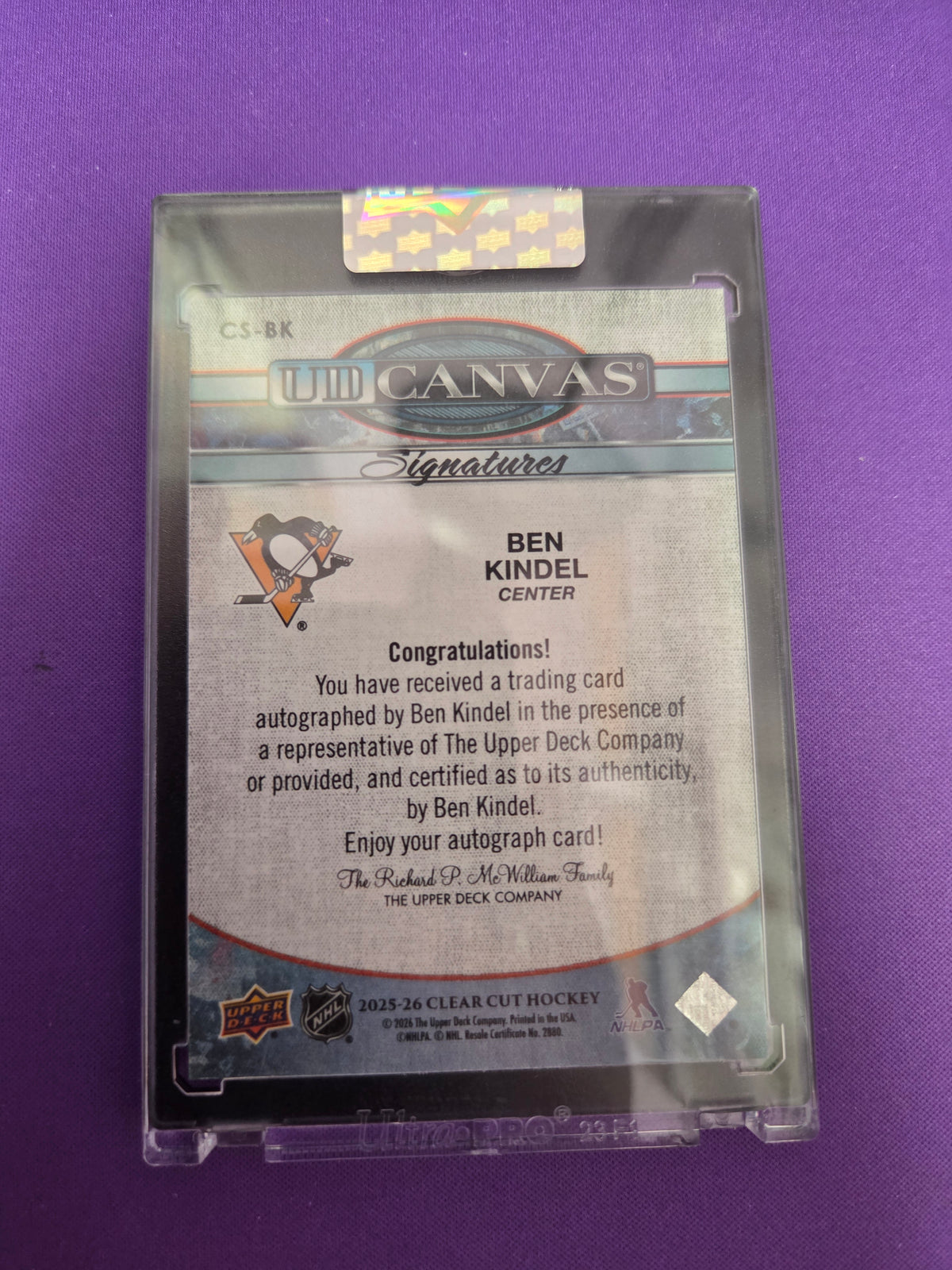 Ben Kindel UD Canvas Signatures 2025-2026 Clear Cut autograph (Cabinet-NM)