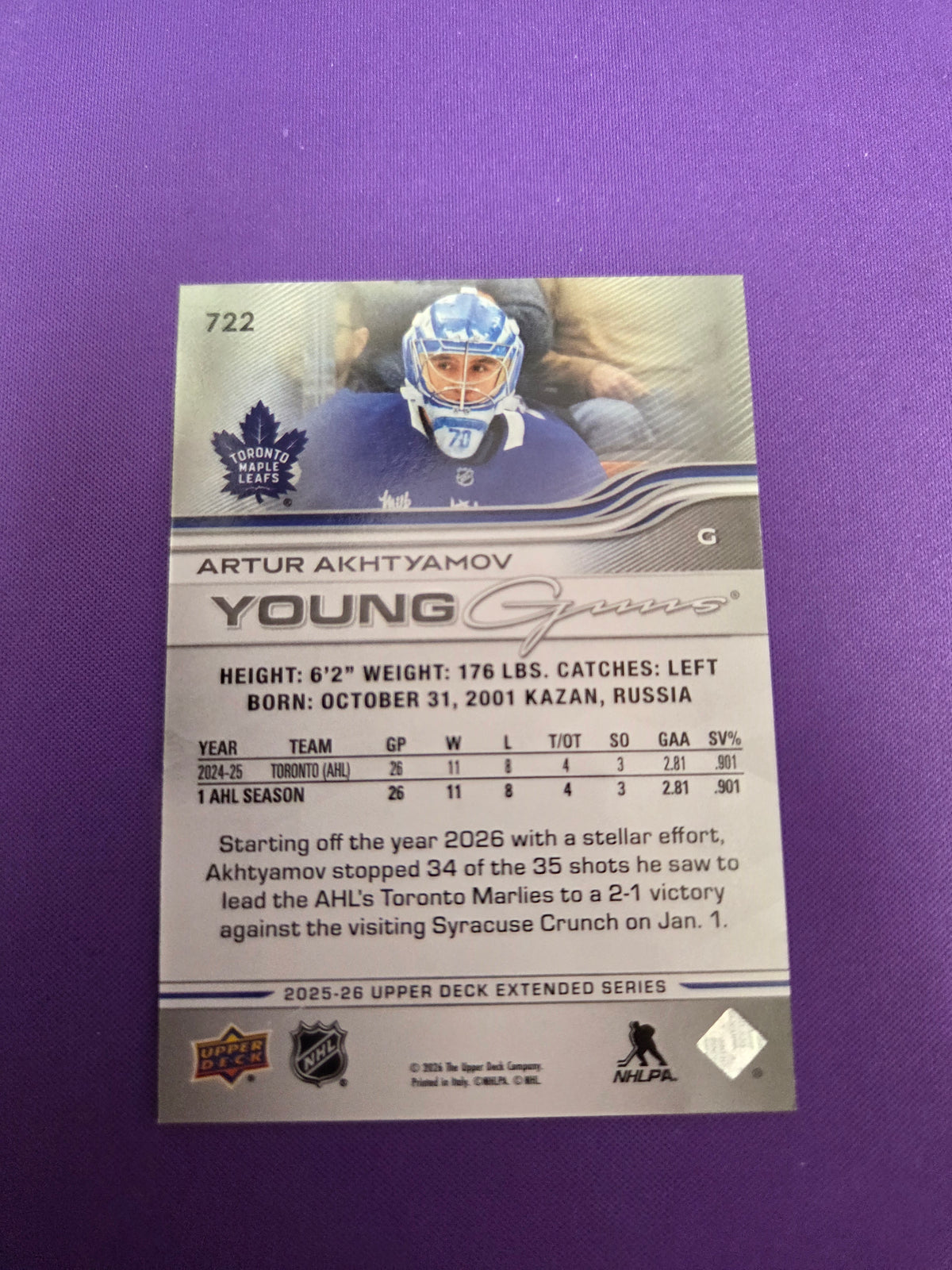 Artur Akhtyamov #722 Young Guns 2025-26 Upper Deck Extended Series (Cabinet-NM)