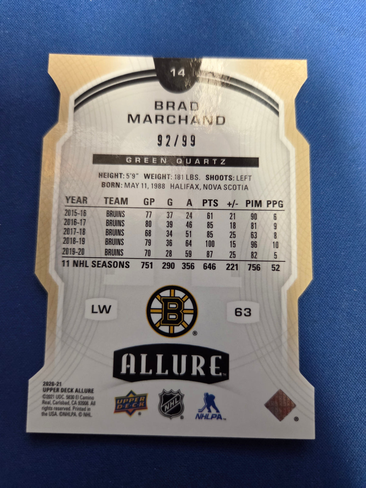 Brad Marchand #14 Green Quartz 92/99 (cabinet-NM)