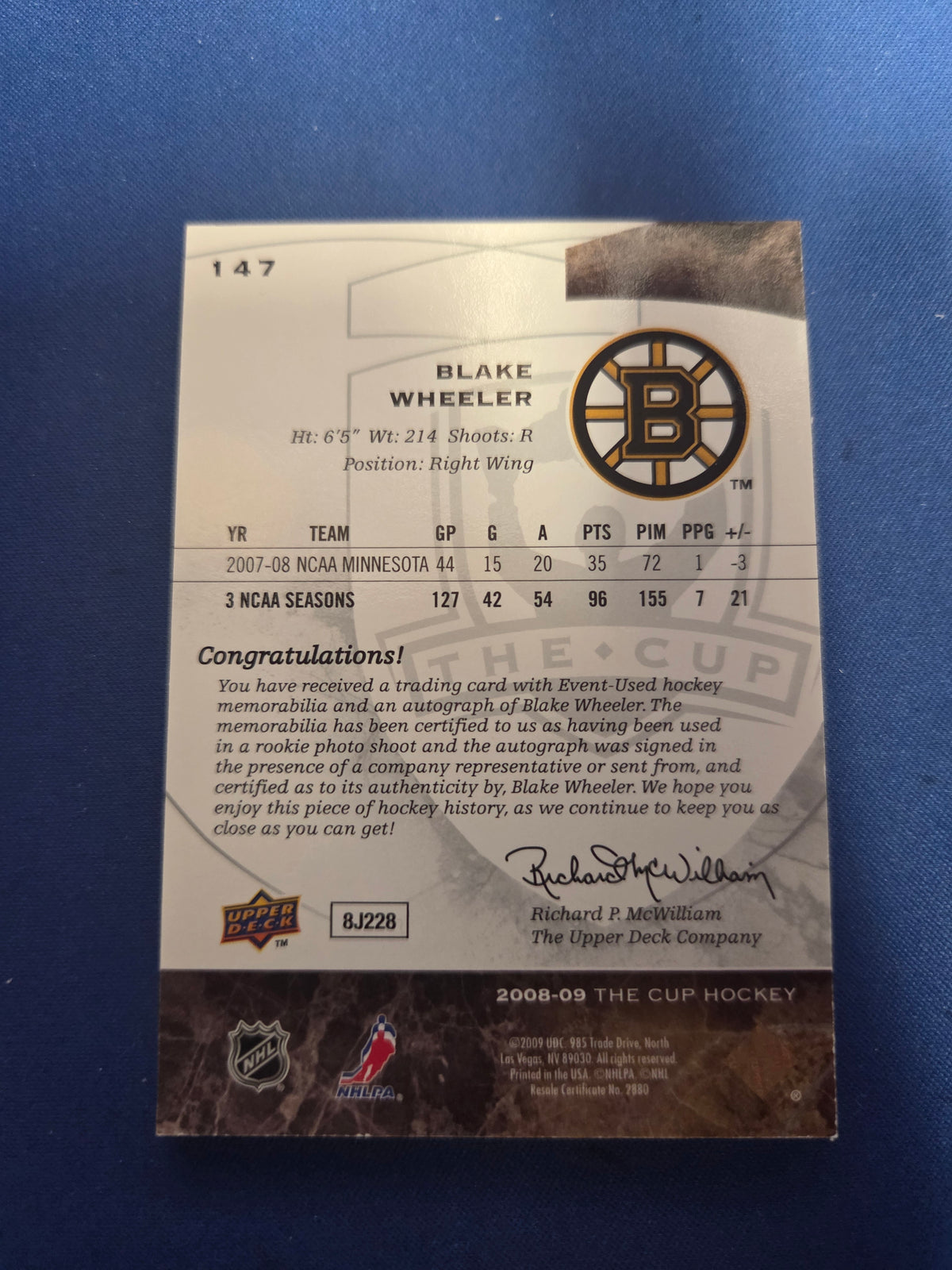 Blake Wheeler 33/99 Rookie The Cup #147 2008-2009 Logo patch auto (Cabinet-LP)