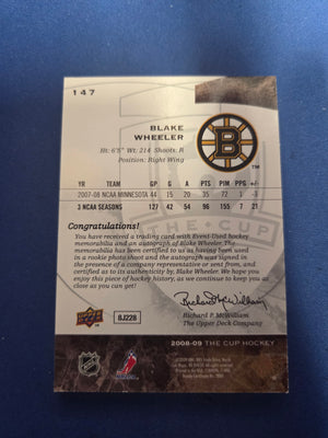Blake Wheeler 33/99 Rookie The Cup #147 2008-2009 Logo patch auto (Cabinet-LP)