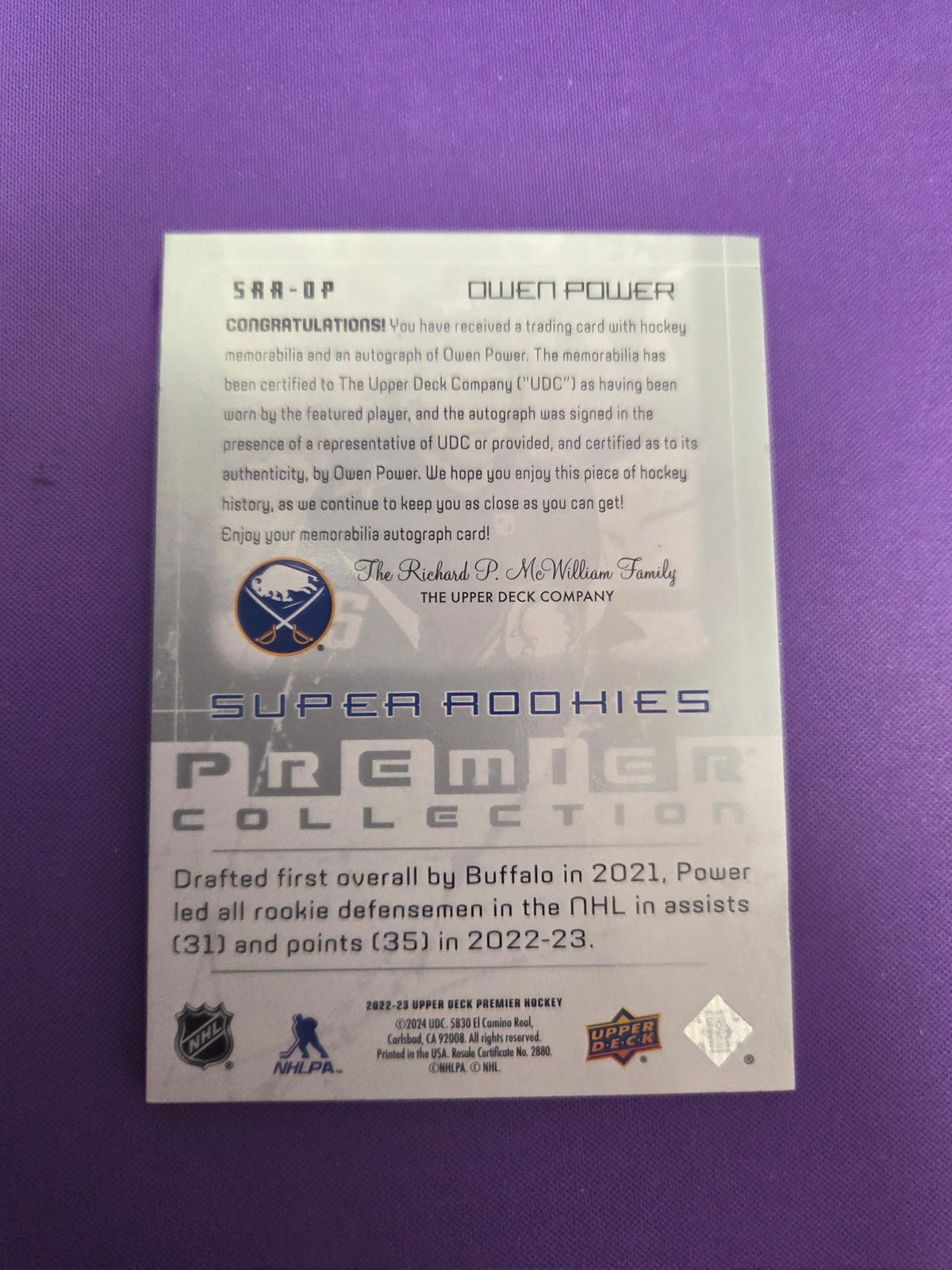 Owen Power #SRR-OP Super Rookies 8/49 Auto (cabinet-NM)