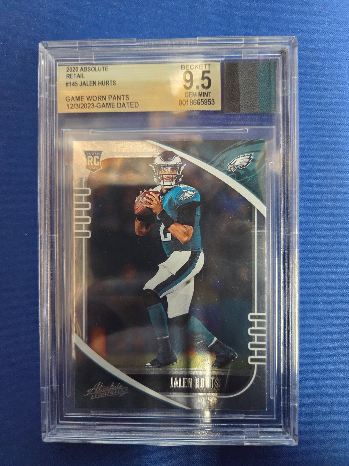 Beckett 9.5 Jalen Hurts #145 rookie 3 color patch (Cabinet)