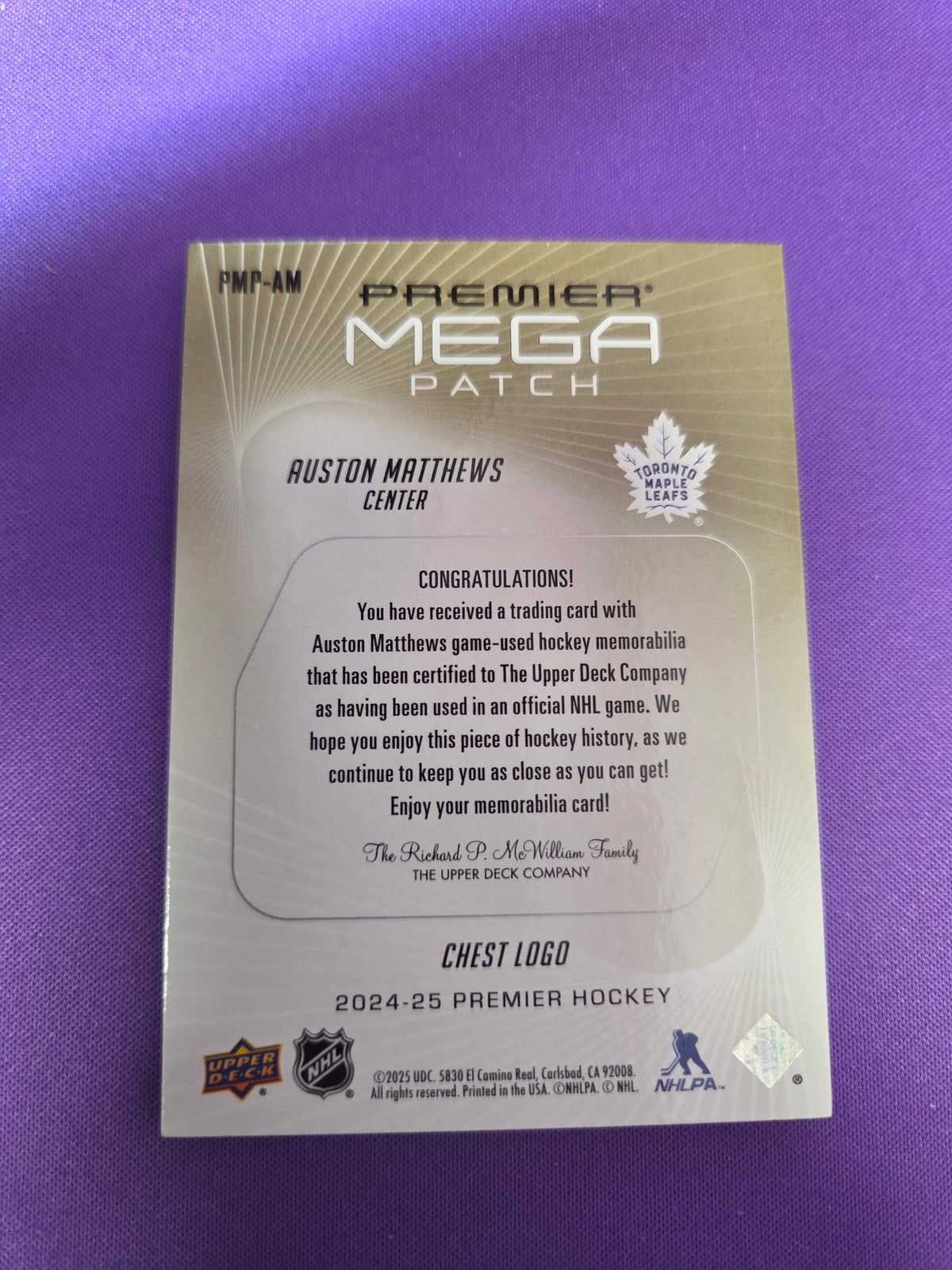 Auston Matthews #PMP-AM Premier Mega Patch 15/24 chest logo (cabinet)