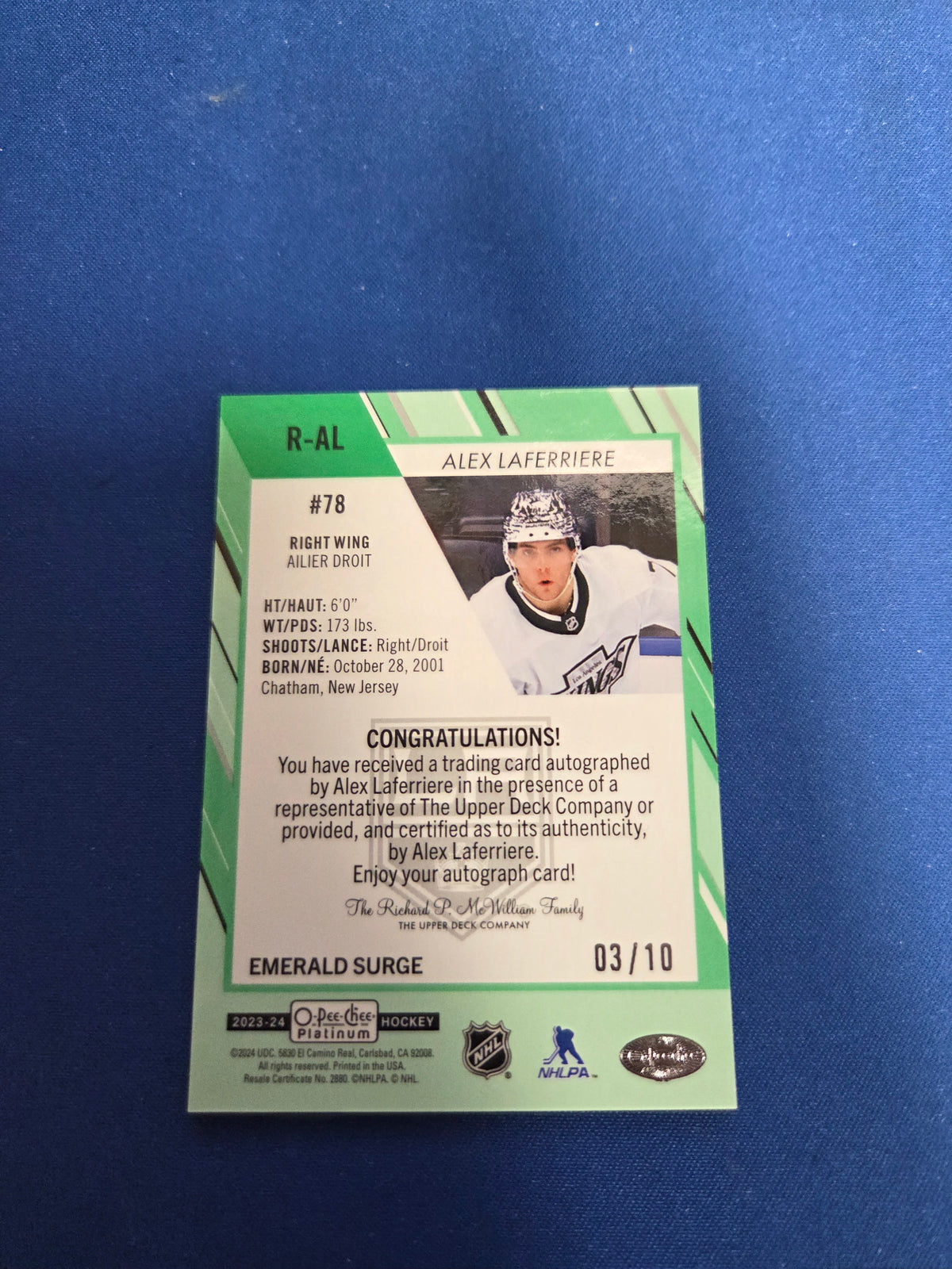 Alex Laferriere rookie autograph #R-AL 3/10 emerald surge (cabinet-NM)