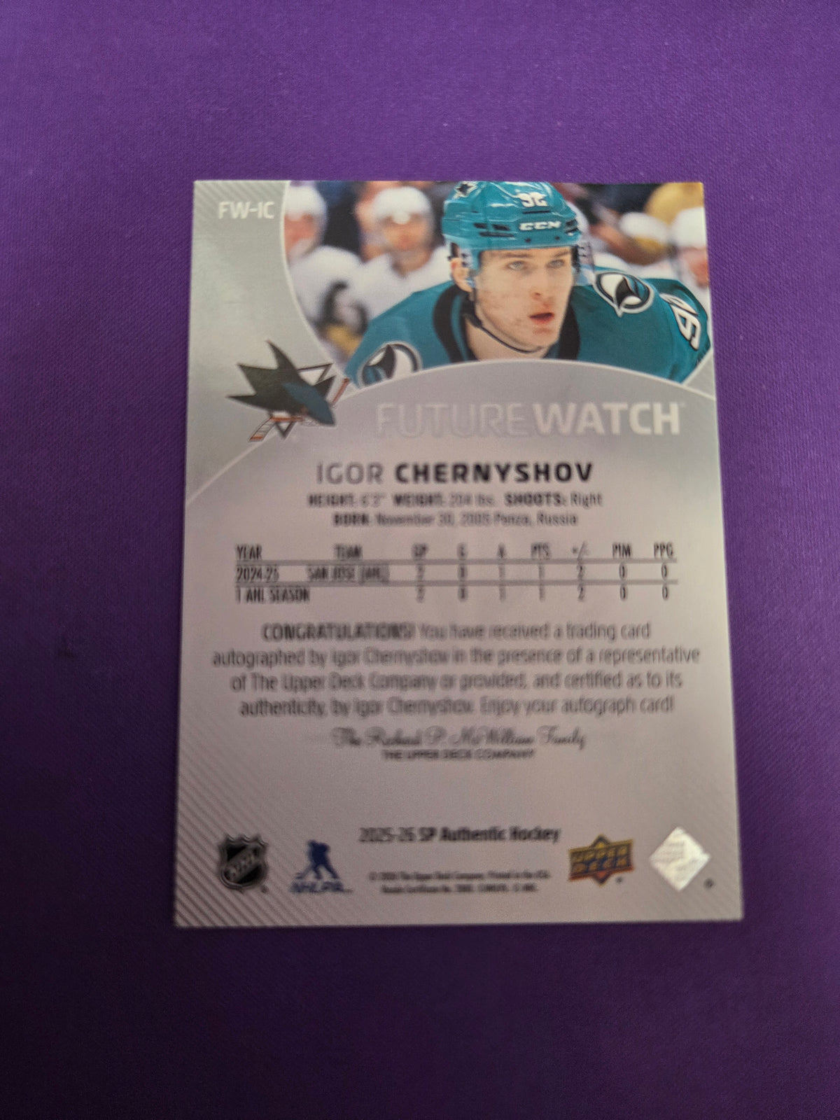 Igor Chernyshov #fw-ic 961/999 Auto Futurewatch SP Authentic 2025-2026 (Cabinet)