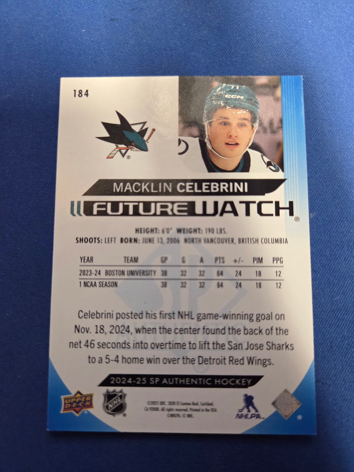 Macklin Celebrini futurewatch /399 #184 (cabinet-NM)