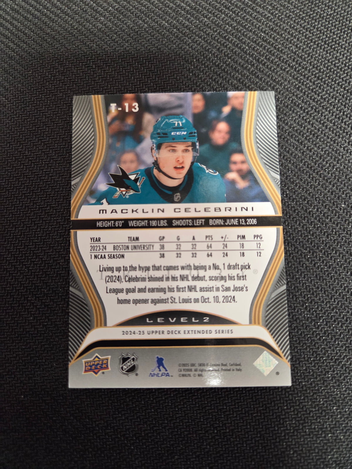 Macklin Celebrini #T-13 208/499 Upper Deck Trilogy Rookie Premiere (Cabinet-NM)