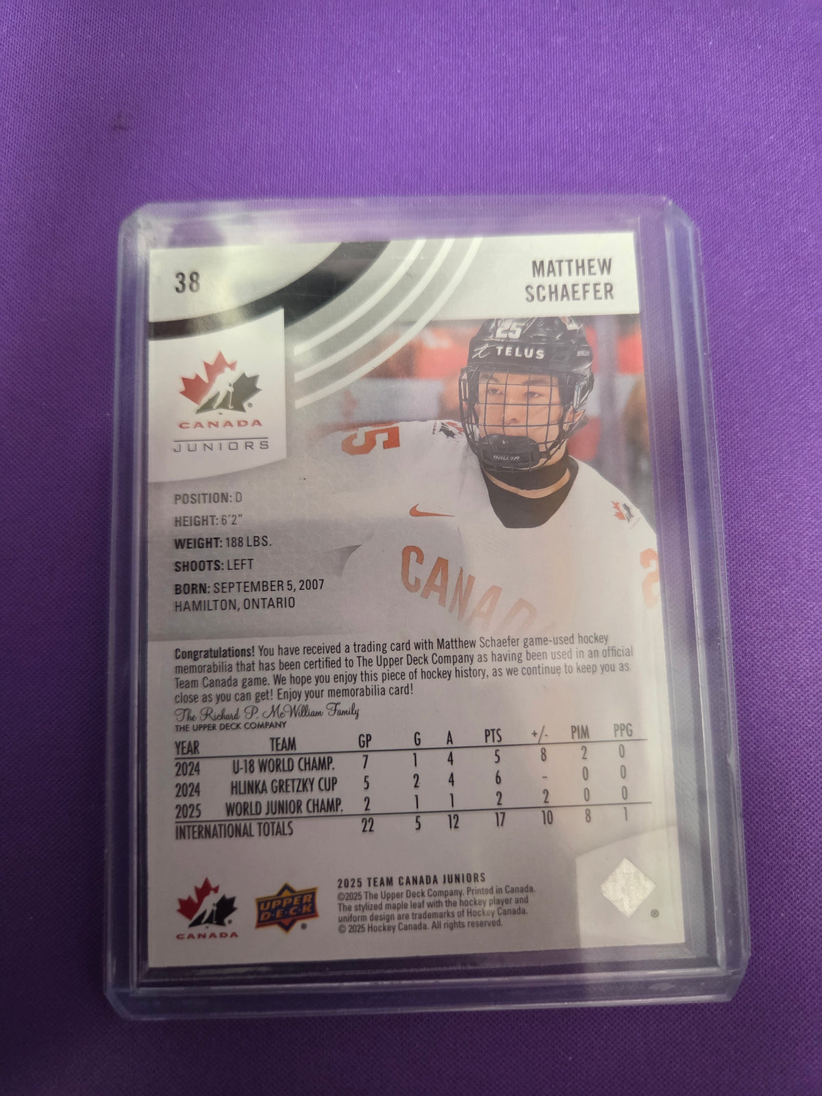 Matthew Schaefer #38 Team Canada Rookie Card (cabinet-NM)