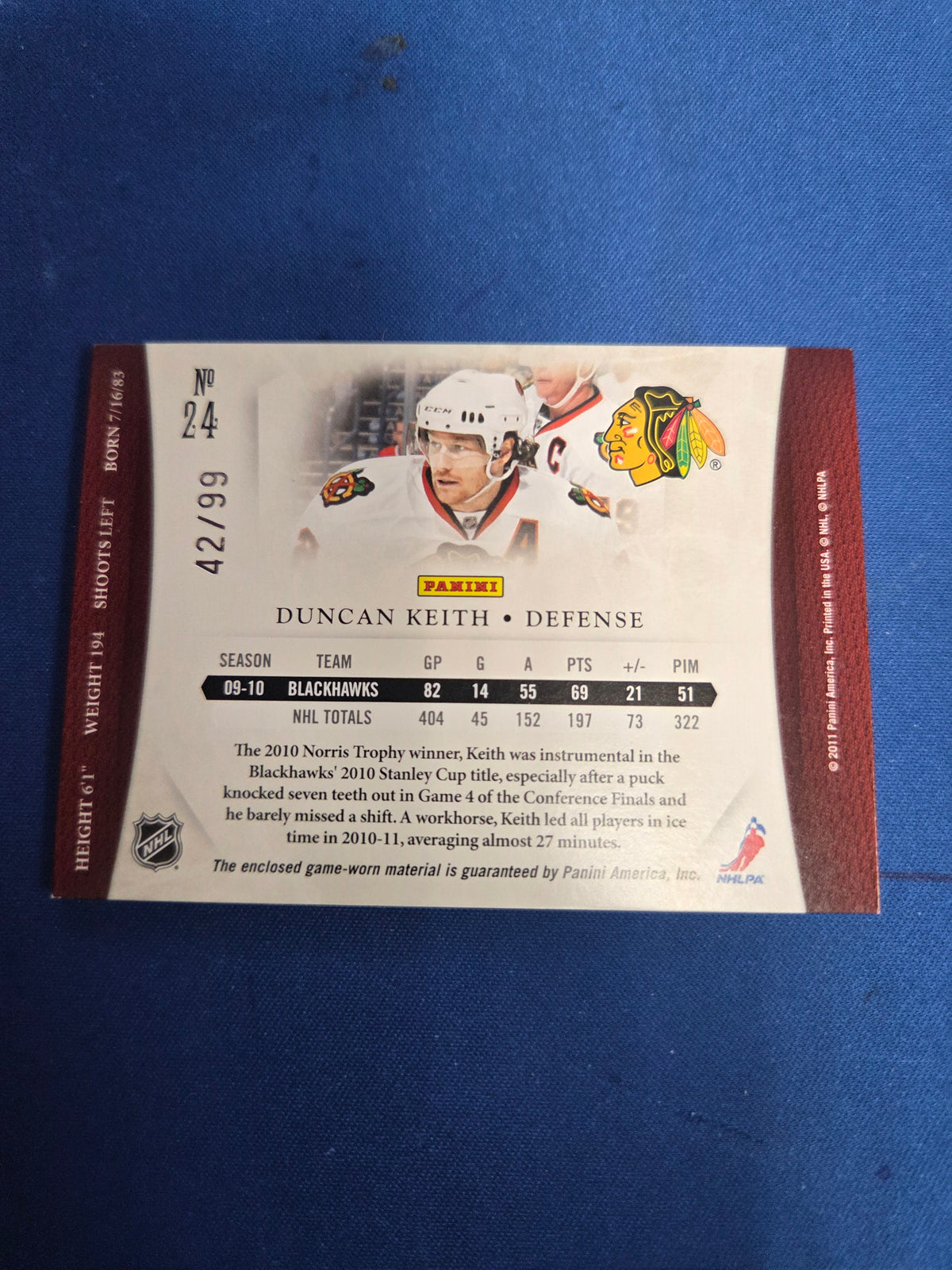 Duncan Keith Chicago Blackhawks #24 42/99 (Cabinet-NM)