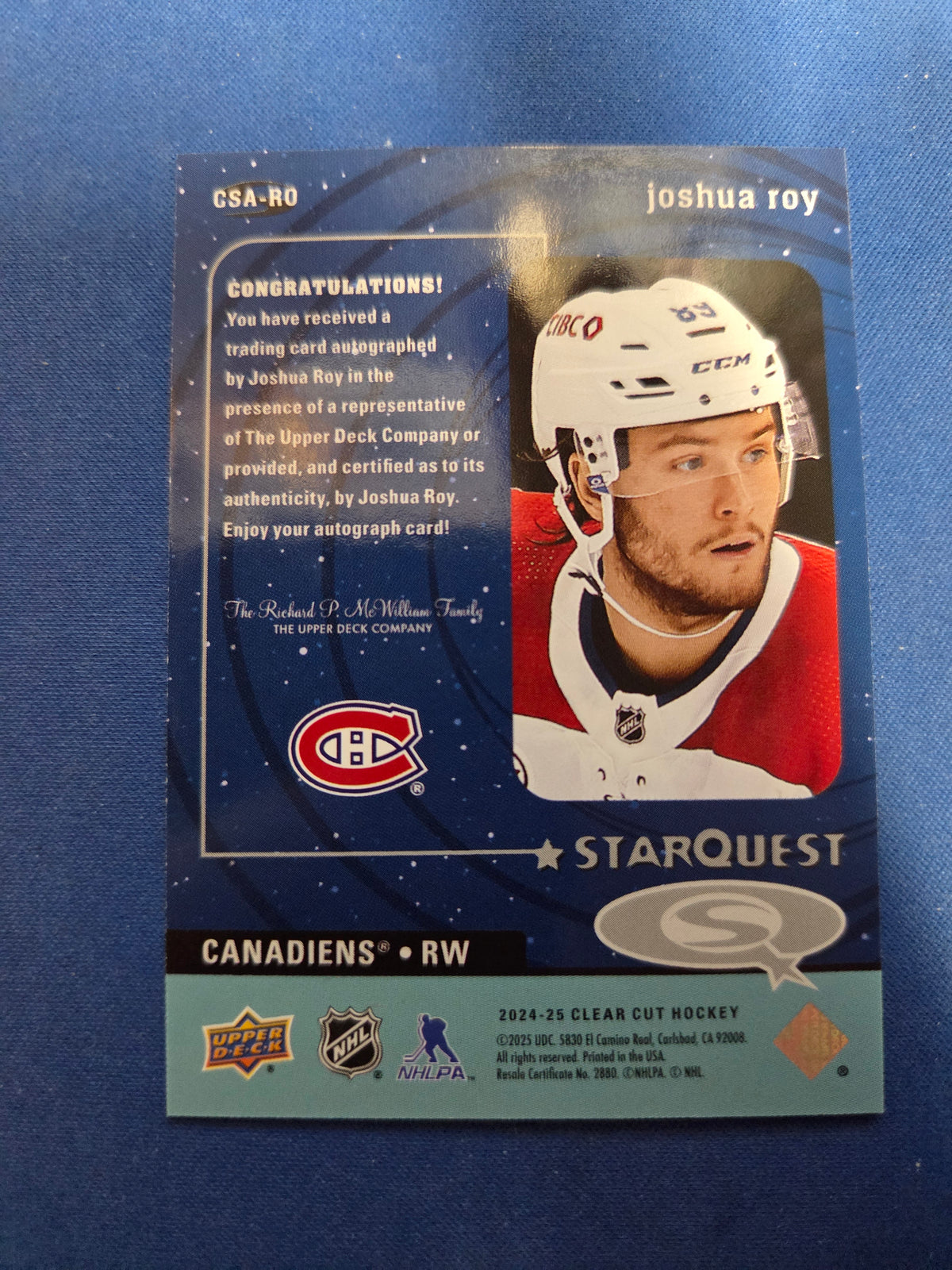 Joshua Roy Auto CSA-RO Canadiens #csa-ro (cabinet-NM)