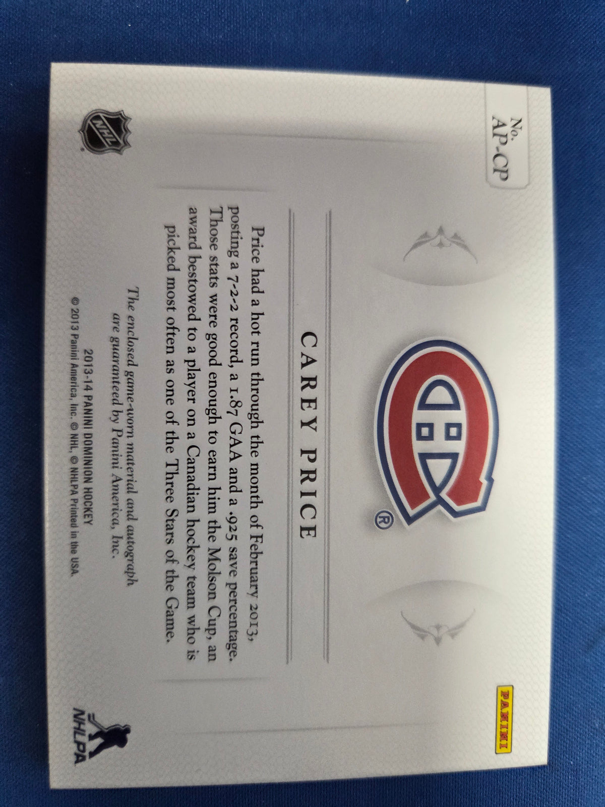 Carey Price #AP-CP 28/50 Patch Auto Panini Dominion (Cabinet-NM)