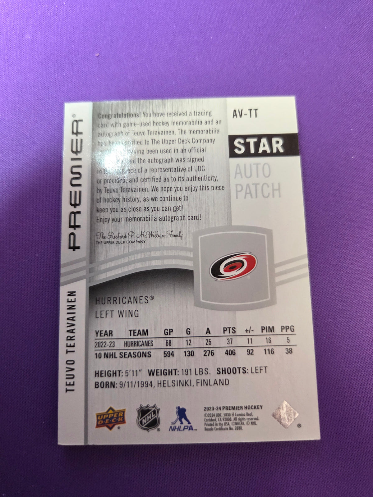 Teuvo Teravainen #AV-TT Premier Star Auto Patch (cabinet)