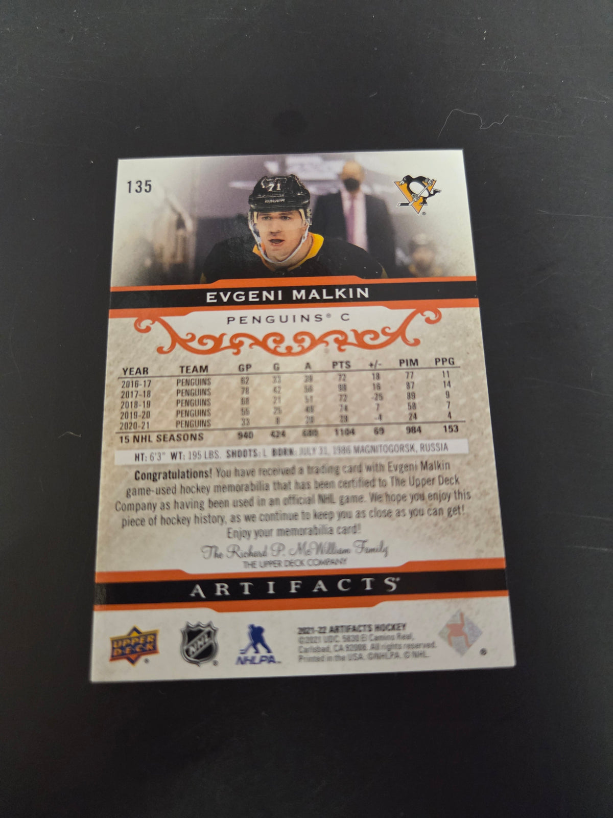 Evgeni Malkin [Material Orange] #135 2021 Upper Deck Artifacts 4/10 (cabinet-NM)