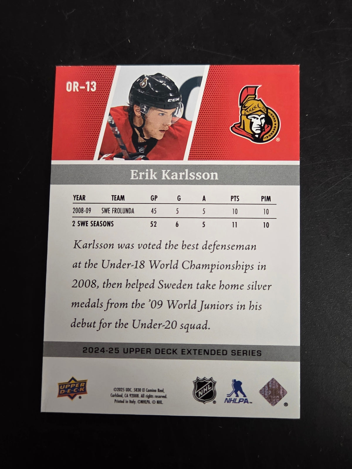 Erik Karlsson OR-13 24/25 Upper Deck Extended Series Young Guns (Cabinet-NM)