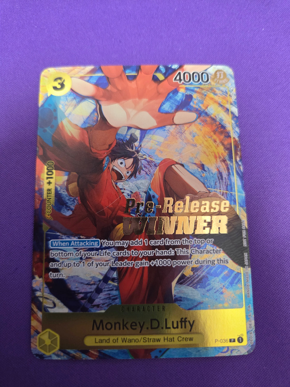 Lightly Played Monkey.D.Luffy (Pre-Release Tournament) (Winner) (P-036) (scratch on surface)  One Piece Promotion Cards Foil (Cabinet-LP)