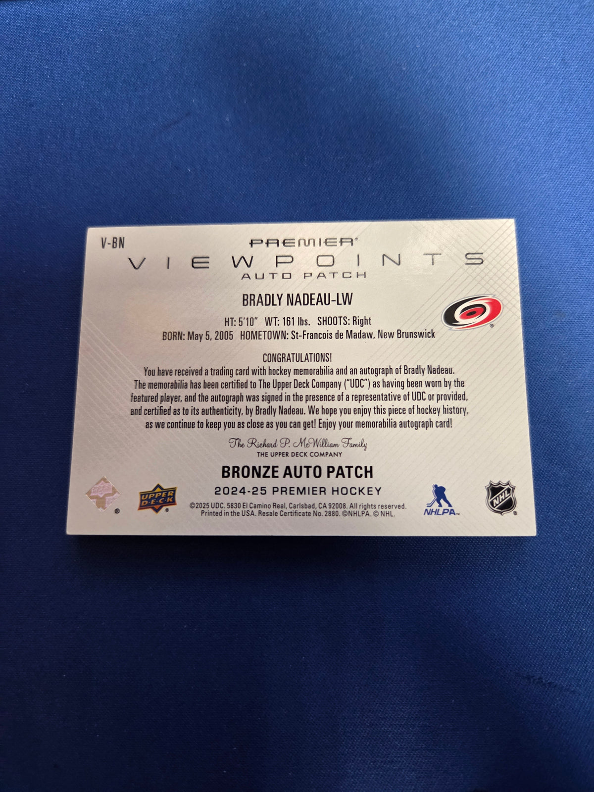 Bradly Nadeau  87/99 #V-BN Premier Viewpoint Rookie Auto Patch  (Cabinet-NM)